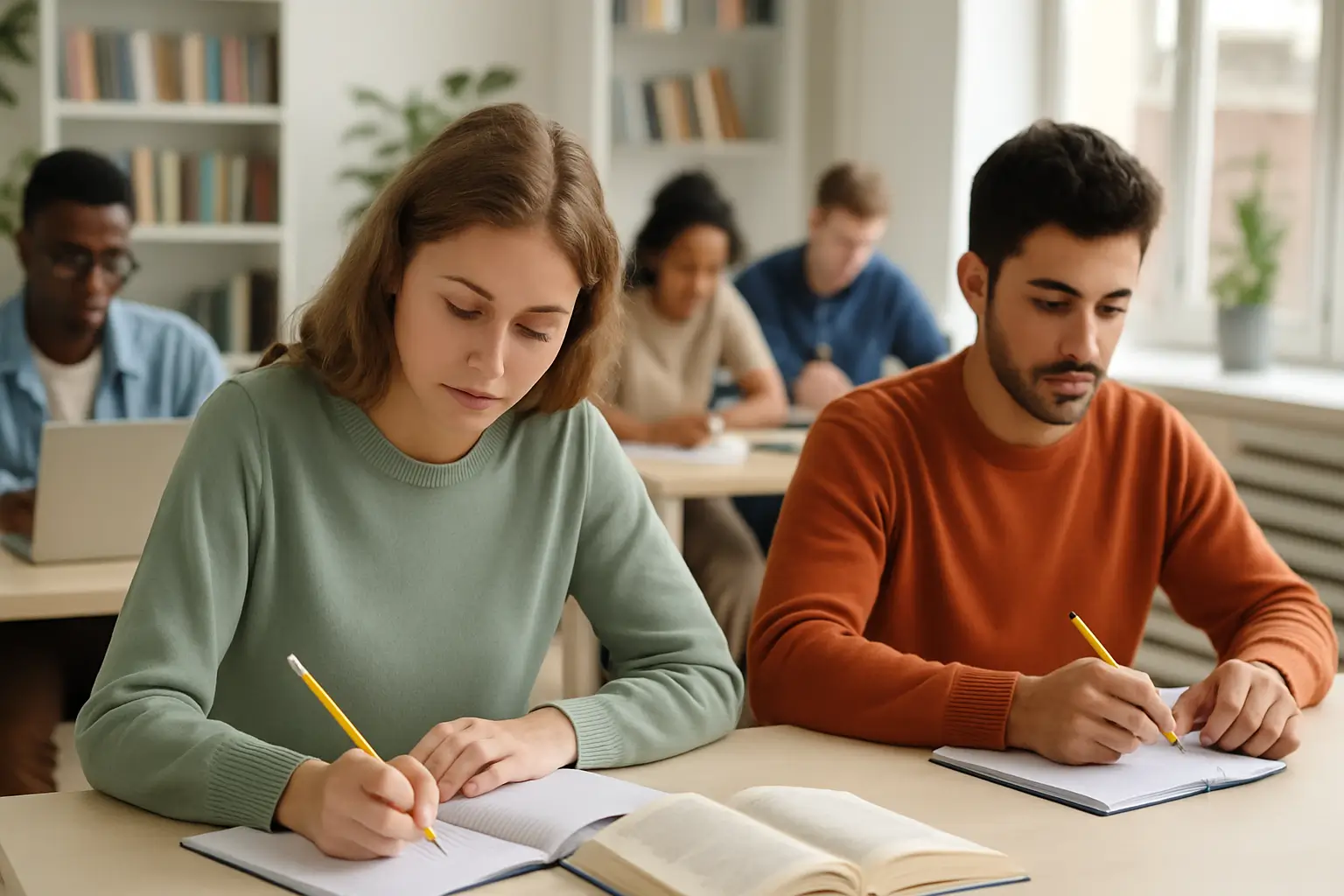A imagem mostra uma sala de estudos universitária iluminada por luz natural, com vários estudantes concentrados em suas atividades. Em primeiro plano, uma jovem de pele clara, cabelos castanhos ondulados e vestindo um suéter verde-menta escreve em um caderno com um lápis amarelo. Ao seu lado, um jovem de pele morena clara, cabelo curto e barba rala, usa um suéter laranja queimado e também escreve atentamente em seu próprio caderno.