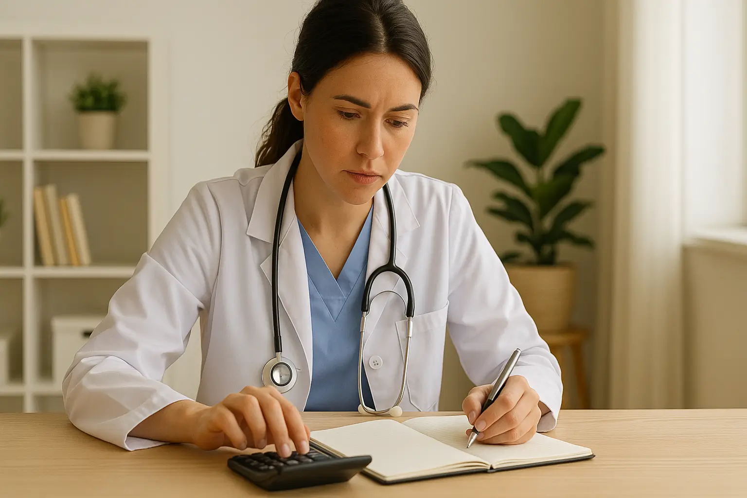 A imagem mostra uma profissional da área da saúde, provavelmente uma médica veterinária, usando jaleco branco e estetoscópio. Ela está sentada à mesa, concentrada, fazendo anotações em um caderno enquanto utiliza uma calculadora, sugerindo que está lidando com tarefas financeiras ou administrativas. O ambiente é bem iluminado, com decoração minimalista e uma planta ao fundo.