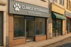 A imagem mostra a fachada de uma clínica veterinária chamada "Clínica Veterinária Doguinho", localizada em uma rua com outros comércios. A fachada é composta por tijolos à vista e um letreiro cinza com letras brancas em alto-relevo, além de um ícone de pata no canto esquerdo superior. A clínica tem portas e janelas de vidro fumê, permitindo ver o interior, que inclui cadeiras azuis de espera e um balcão branco. Ao lado, há estabelecimentos com fachadas diferentes, como uma loja com toldo verde escuro. A rua parece tranquila e bem cuidada, com calçada larga.