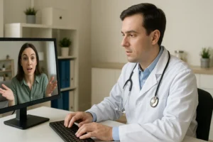A imagem mostra um veterinário em consulta por telemedicina. Ele está sentado à frente de um computador, vestindo jaleco branco e estetoscópio no pescoço. Na tela, aparece uma mulher, provavelmente a tutora de um paciente, gesticulando com as mãos enquanto fala. Ambos parecem concentrados na conversa. O ambiente é claro e organizado, com móveis de escritório e plantas ao fundo.