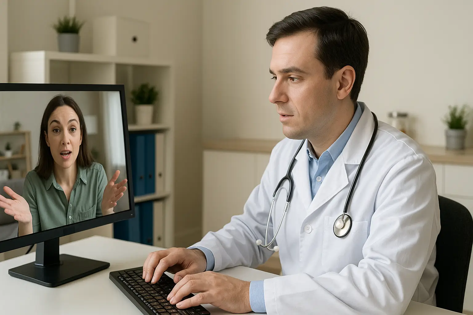 A imagem mostra um veterinário em consulta por telemedicina. Ele está sentado à frente de um computador, vestindo jaleco branco e estetoscópio no pescoço. Na tela, aparece uma mulher, provavelmente a tutora de um paciente, gesticulando com as mãos enquanto fala. Ambos parecem concentrados na conversa. O ambiente é claro e organizado, com móveis de escritório e plantas ao fundo.