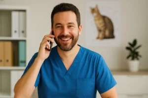 A imagem mostra um veterinário sorridente, vestindo um jaleco azul sem estetoscópio. Ele está conversando ao telefone, segurando o aparelho com a mão direita próxima ao ouvido. O ambiente é um consultório veterinário bem iluminado, com prateleiras ao fundo contendo pastas organizadoras e um pôster de um gato na parede. Também há um vaso com uma planta, o que deixa o espaço mais acolhedor. A expressão do veterinário transmite simpatia, atenção e cordialidade, sugerindo que ele está tendo uma conversa agradável e prestativa com um tutor de pet.