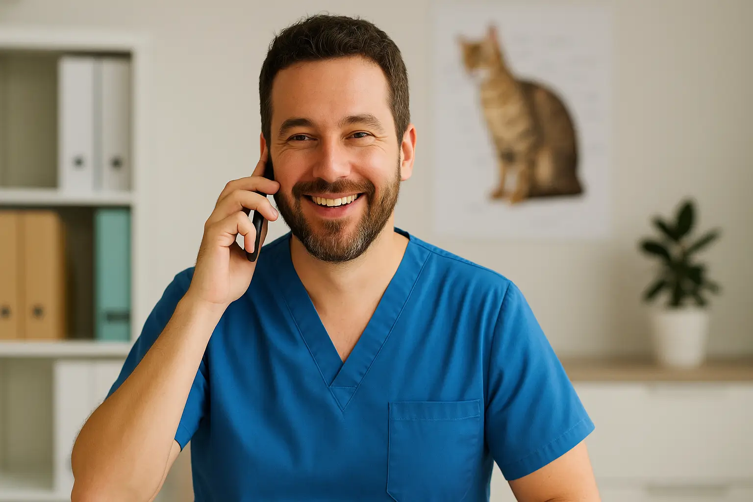 A imagem mostra um veterinário sorridente, vestindo um jaleco azul sem estetoscópio. Ele está conversando ao telefone, segurando o aparelho com a mão direita próxima ao ouvido. O ambiente é um consultório veterinário bem iluminado, com prateleiras ao fundo contendo pastas organizadoras e um pôster de um gato na parede. Também há um vaso com uma planta, o que deixa o espaço mais acolhedor. A expressão do veterinário transmite simpatia, atenção e cordialidade, sugerindo que ele está tendo uma conversa agradável e prestativa com um tutor de pet.