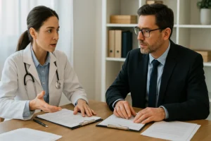 A imagem mostra uma médica veterinária conversando com um advogado. Ambos estão sentados à mesa, com documentos e pranchetas à frente. A veterinária está explicando algo com expressão séria e gesticulando com a mão, enquanto o advogado escuta atentamente. A cena sugere uma reunião profissional, possivelmente sobre questões legais ou responsabilidade civil.