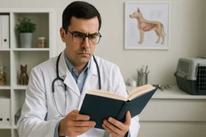 A imagem mostra um veterinário com expressão séria, lendo atentamente um livro em seu consultório. Ele está usando um jaleco branco e óculos de grau escuros, com um estetoscópio pendurado no pescoço. O ambiente é limpo e bem iluminado, com elementos típicos de um consultório veterinário ao fundo, como uma caixa de transporte para animais, potes com utensílios, um pôster anatômico de um cão na parede e prateleiras com objetos organizados. O clima transmite profissionalismo e concentração.