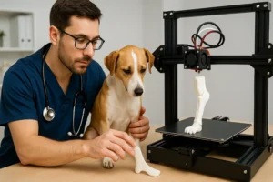 A imagem mostra um veterinário utilizando uma impressora 3D para confeccionar uma prótese para um cachorro. O veterinário é um homem jovem, de pele clara, cabelos castanhos curtos e usa óculos. Ele veste um jaleco azul marinho e tem um estetoscópio pendurado no pescoço.