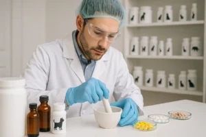 A imagem mostra um farmacêutico manipulando medicamentos veterinários em um laboratório. Ele veste jaleco branco, touca descartável azul e luvas azuis, além de óculos de proteção. Está concentrado usando um pilão de porcelana para preparar uma fórmula. Na mesa, há frascos âmbar, potes brancos com ilustrações de animais e placas de Petri com comprimidos de diferentes cores (amarelos, brancos e beges). Ao fundo, prateleiras organizadas exibem mais potes identificados com silhuetas de cães, gatos e outros animais. O ambiente é limpo, bem iluminado e profissional.