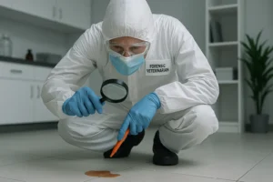 A imagem mostra um perito veterinário em um ambiente laboratorial, vestido com traje completo de proteção: macacão branco, luvas azuis, máscara cirúrgica e óculos de proteção. Ele está agachado no chão, examinando atentamente uma substância líquida de cor amarronzada derramada sobre o piso claro. Na mão esquerda, segura uma lupa próxima à mancha; na direita, uma caneta ou instrumento de marcação, sugerindo que está documentando ou coletando evidências. Ao fundo, o ambiente é limpo e organizado, com armários brancos e prateleiras com poucos objetos, reforçando o caráter técnico e estéril do local.
