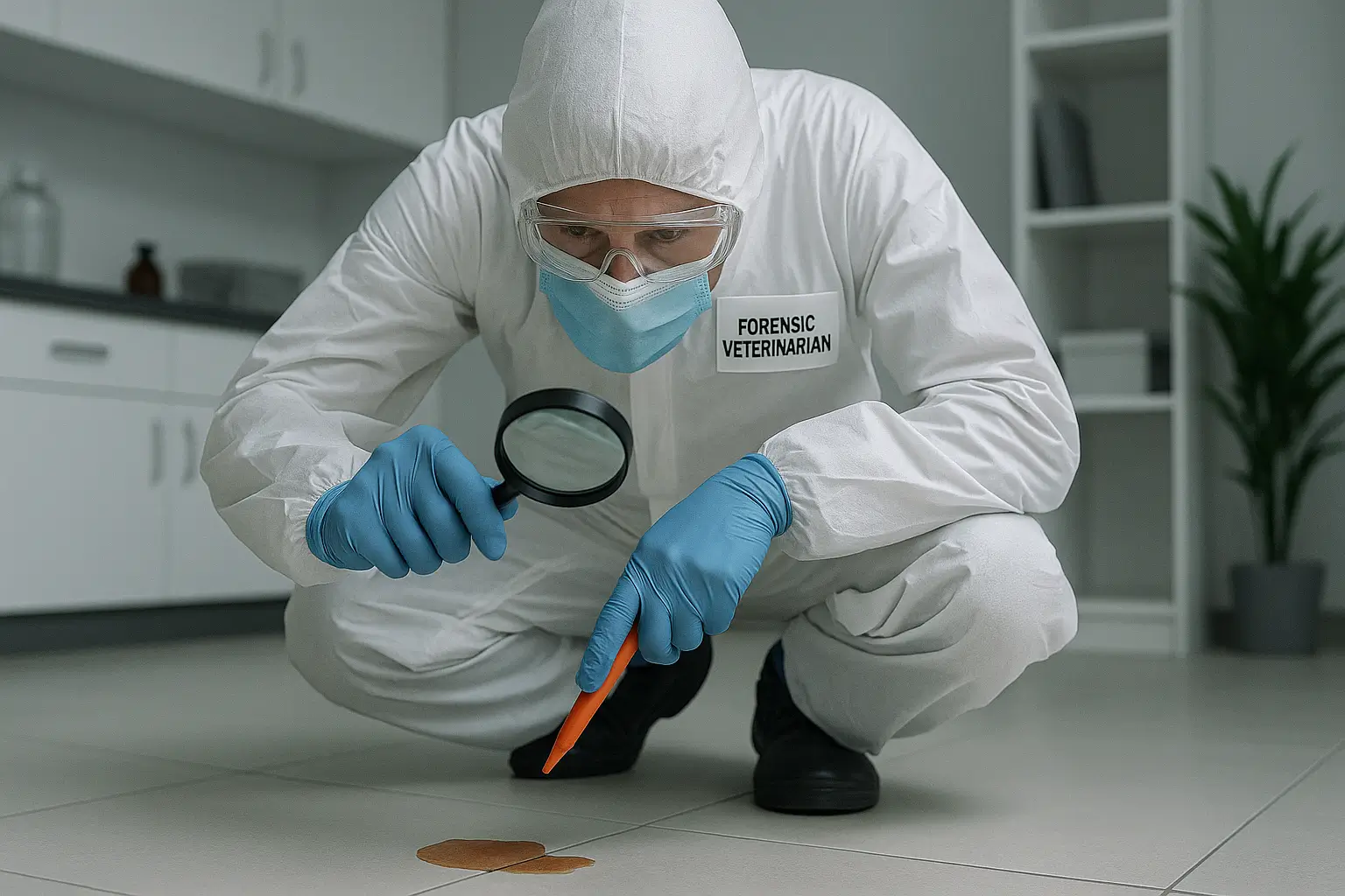 A imagem mostra um perito veterinário em um ambiente laboratorial, vestido com traje completo de proteção: macacão branco, luvas azuis, máscara cirúrgica e óculos de proteção. Ele está agachado no chão, examinando atentamente uma substância líquida de cor amarronzada derramada sobre o piso claro. Na mão esquerda, segura uma lupa próxima à mancha; na direita, uma caneta ou instrumento de marcação, sugerindo que está documentando ou coletando evidências. Ao fundo, o ambiente é limpo e organizado, com armários brancos e prateleiras com poucos objetos, reforçando o caráter técnico e estéril do local.