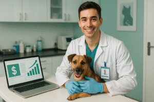 Jovem técnico em veterinária com jaleco branco e luvas azuis sorri enquanto segura um cachorro pequeno em uma clínica bem iluminada. Ao lado, um notebook exibe um gráfico de crescimento com símbolo de cifrão, sugerindo valorização profissional. O ambiente é limpo, com tons de verde e branco, e possui equipamentos médicos ao fundo.