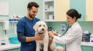 Um técnico em veterinária sorridente, vestido com um uniforme azul, segura um cão branco e fofo sobre uma mesa de exame enquanto uma veterinária de jaleco branco escuta o coração do animal com um estetoscópio, em um ambiente de clínica veterinária bem iluminado.