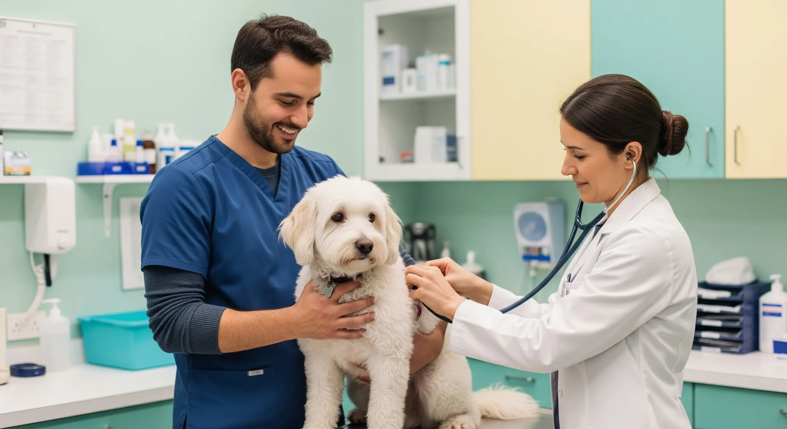 Um técnico em veterinária sorridente, vestido com um uniforme azul, segura um cão branco e fofo sobre uma mesa de exame enquanto uma veterinária de jaleco branco escuta o coração do animal com um estetoscópio, em um ambiente de clínica veterinária bem iluminado.